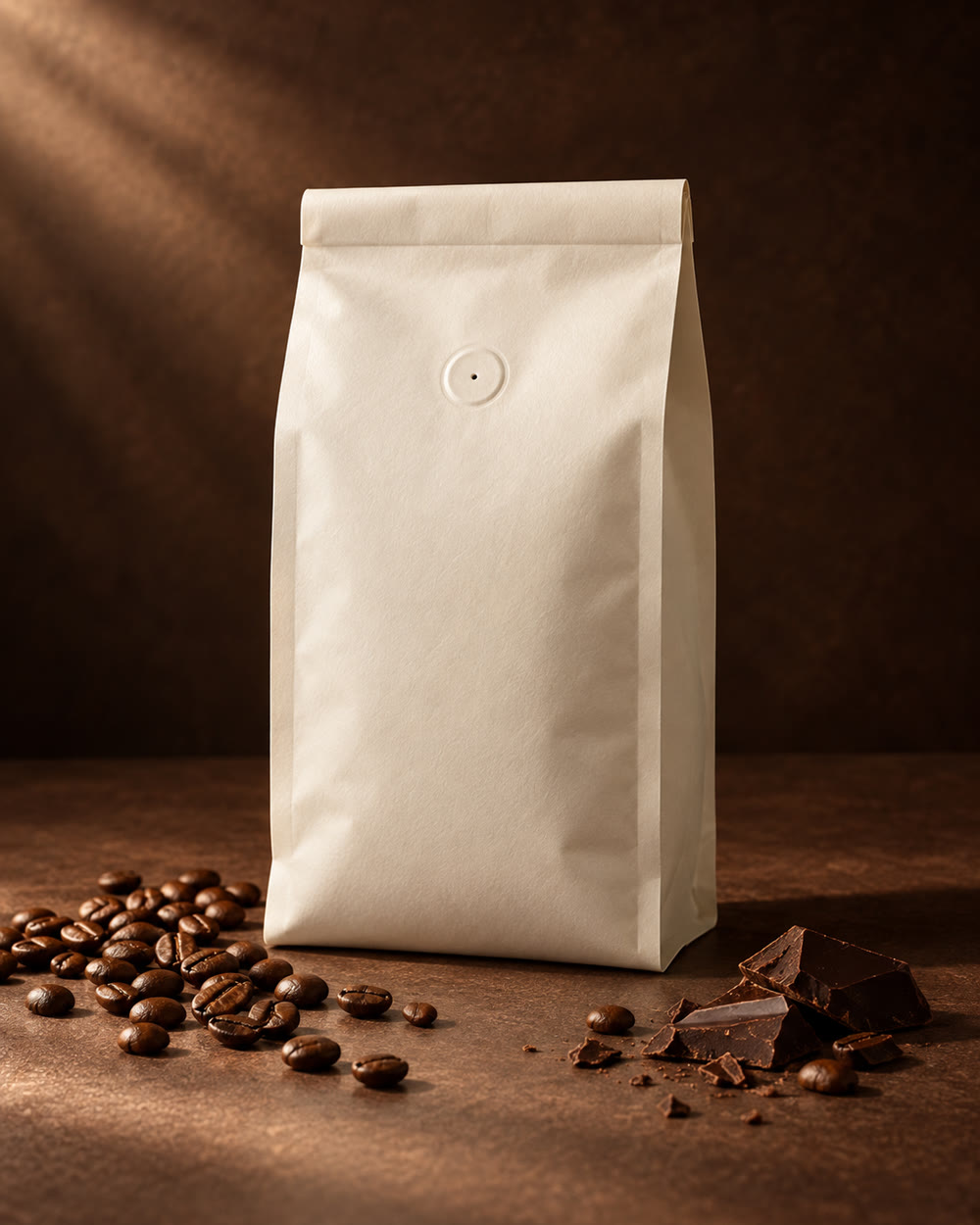 Beispielinszenierung: neutrale Kaffeepackung mit Bohnen und dunkler Schokolade