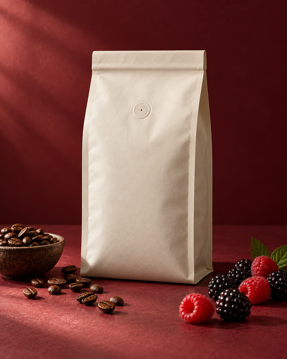Beispielinszenierung: neutrale Kaffeepackung mit Bohnen und Beeren