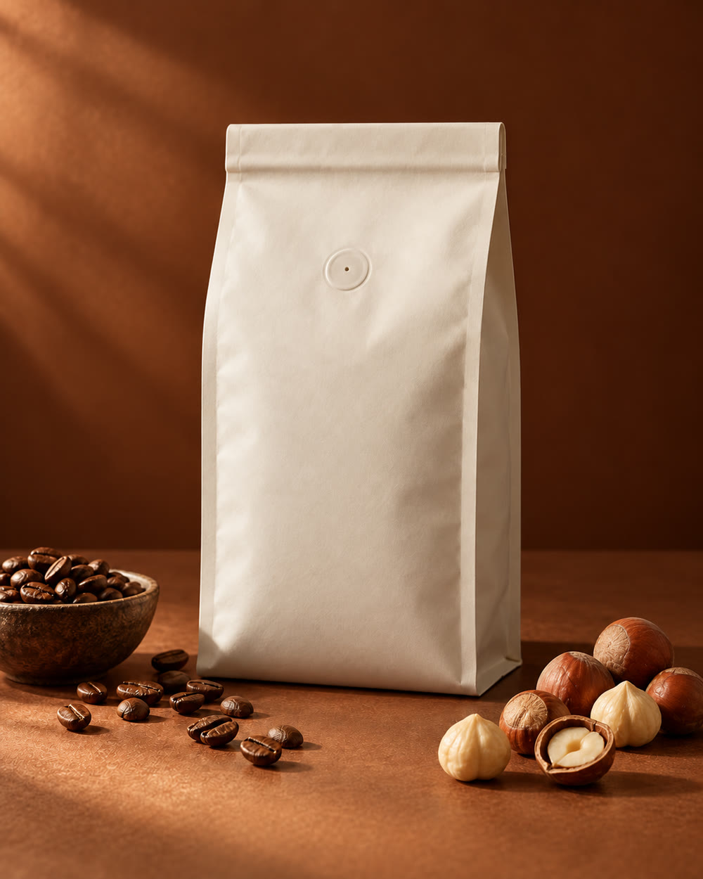 Beispielinszenierung: neutrale Kaffeepackung mit Bohnen und Haselnüssen