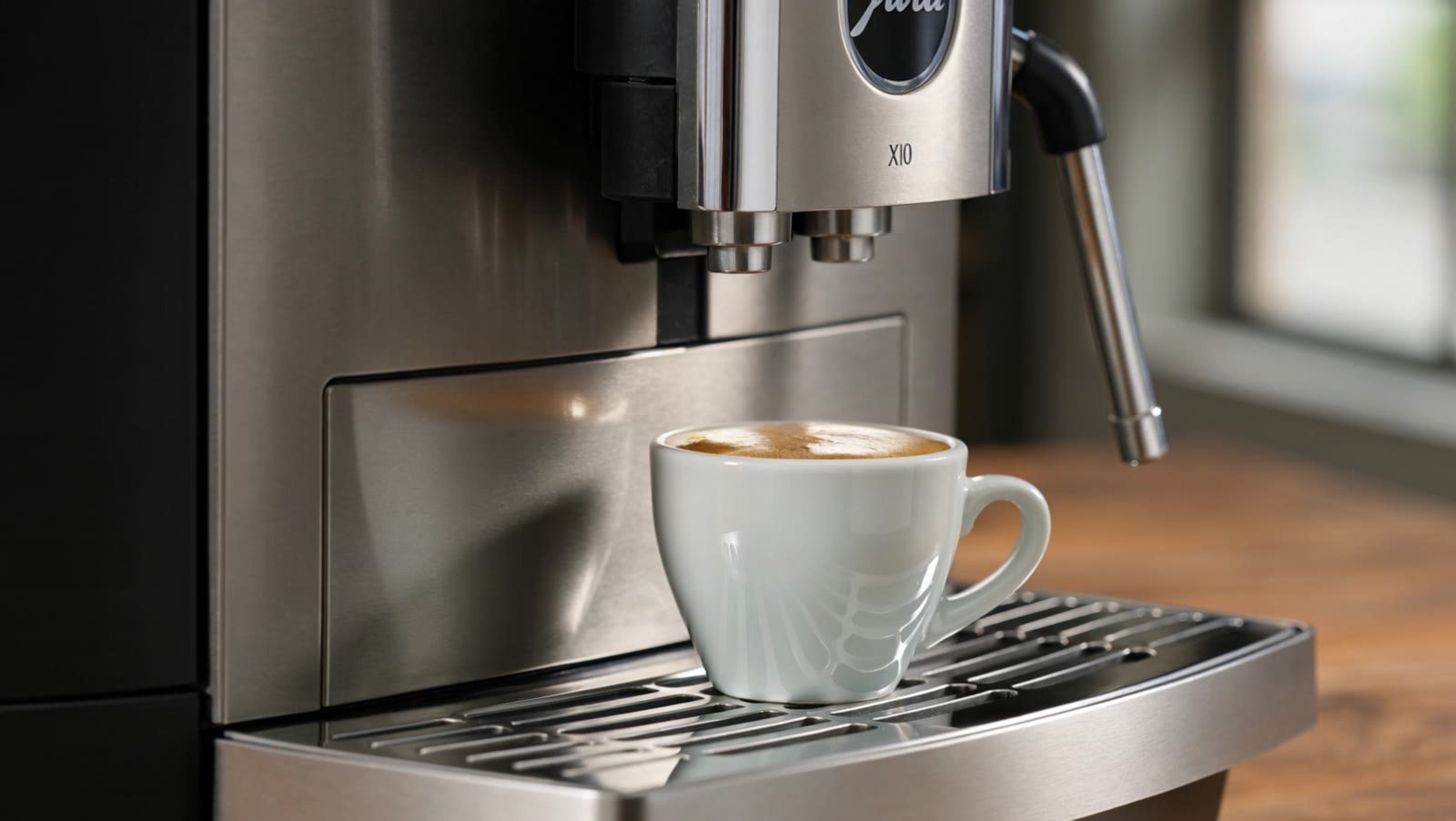 Espresso in einer weißen Tasse unter dem Auslauf der JURA