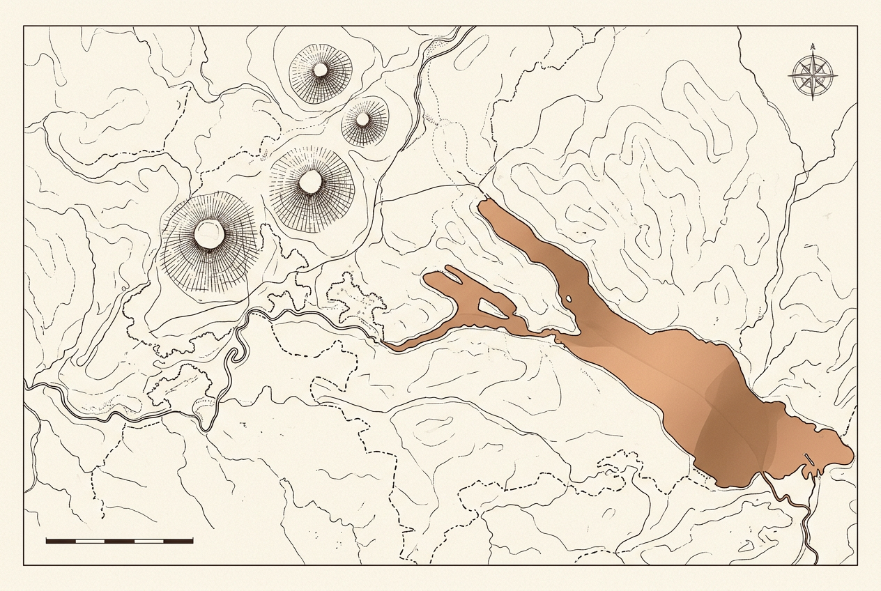 Editorial Karte der Region Hegau und Bodensee mit den Vulkankegeln des Hegaus, dem Bodensee und der Schweizer Grenze.