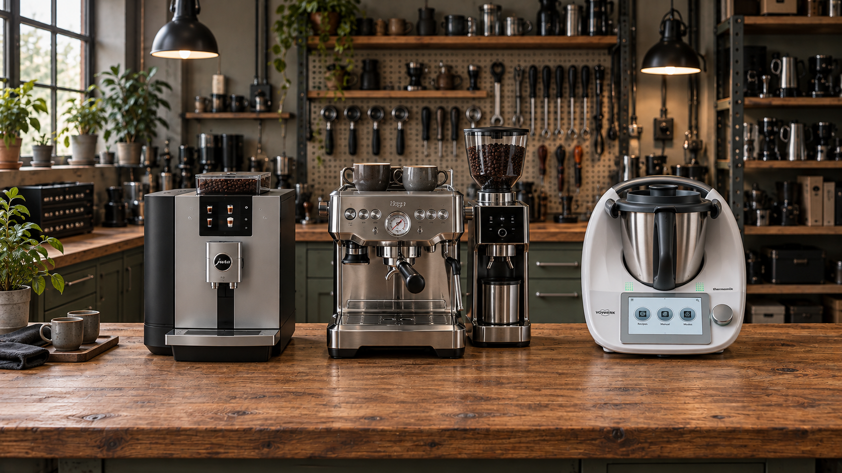 Illustrative Werkstattszene mit Kaffeevollautomat, Siebträgermaschine, Mühle und Thermomix